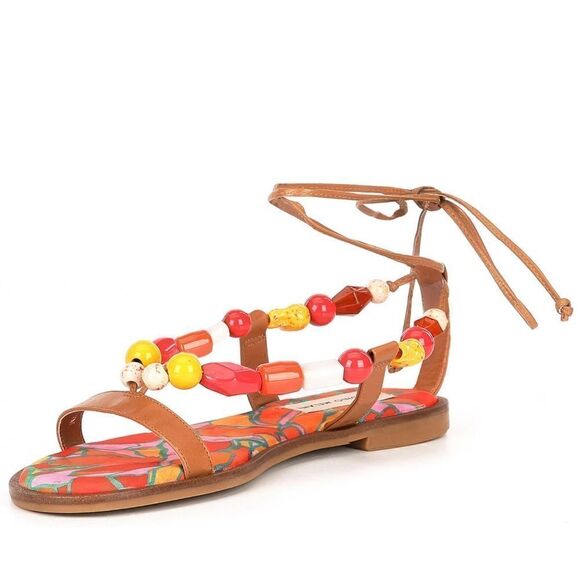 Antonio Melani | Loola Beaded Leather Ankle Wrap Flat Sandals - Picture 4 of 6